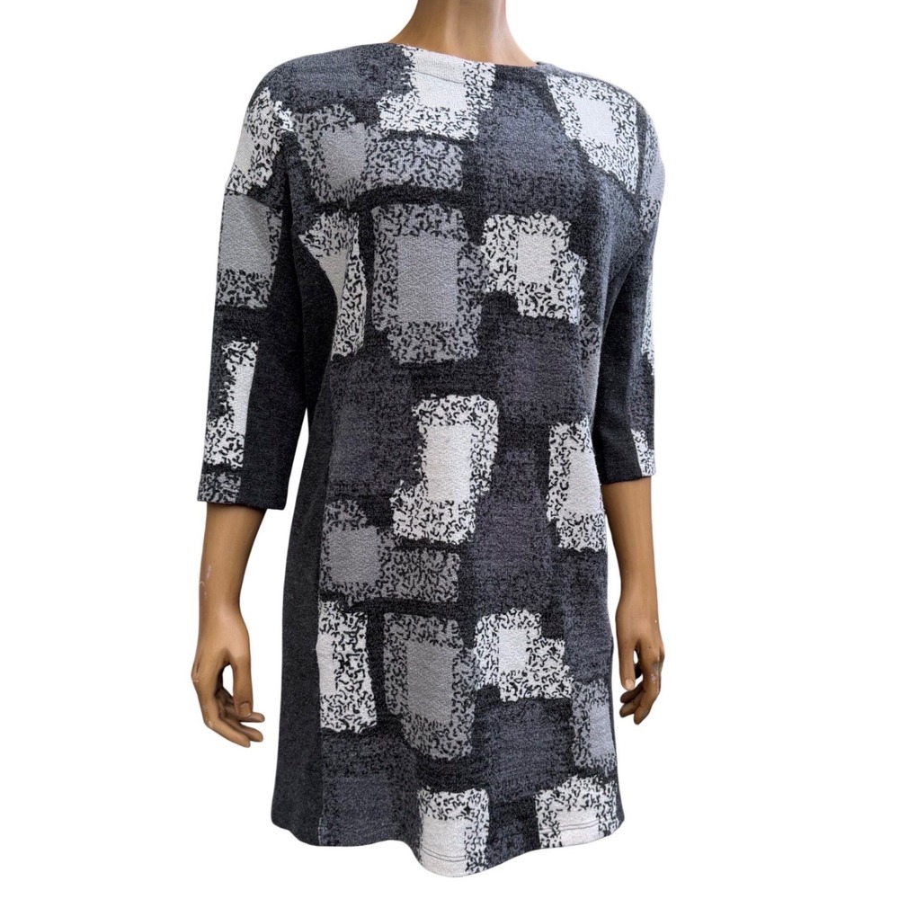Papillon Shift Dress Abstract Block Print Mod Retro‎ Artsy Knit Gray Black M